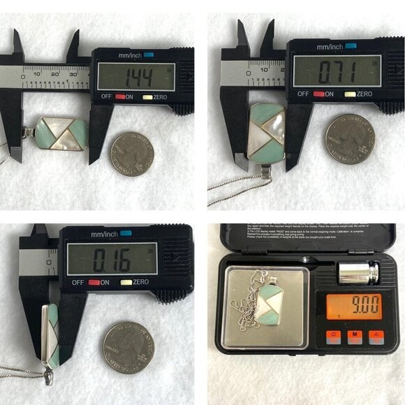 Sterling Silver 925 Dyed Mother Of Pearl MOP Geometric Inlay Pendant Necklace - Picture 10 of 16